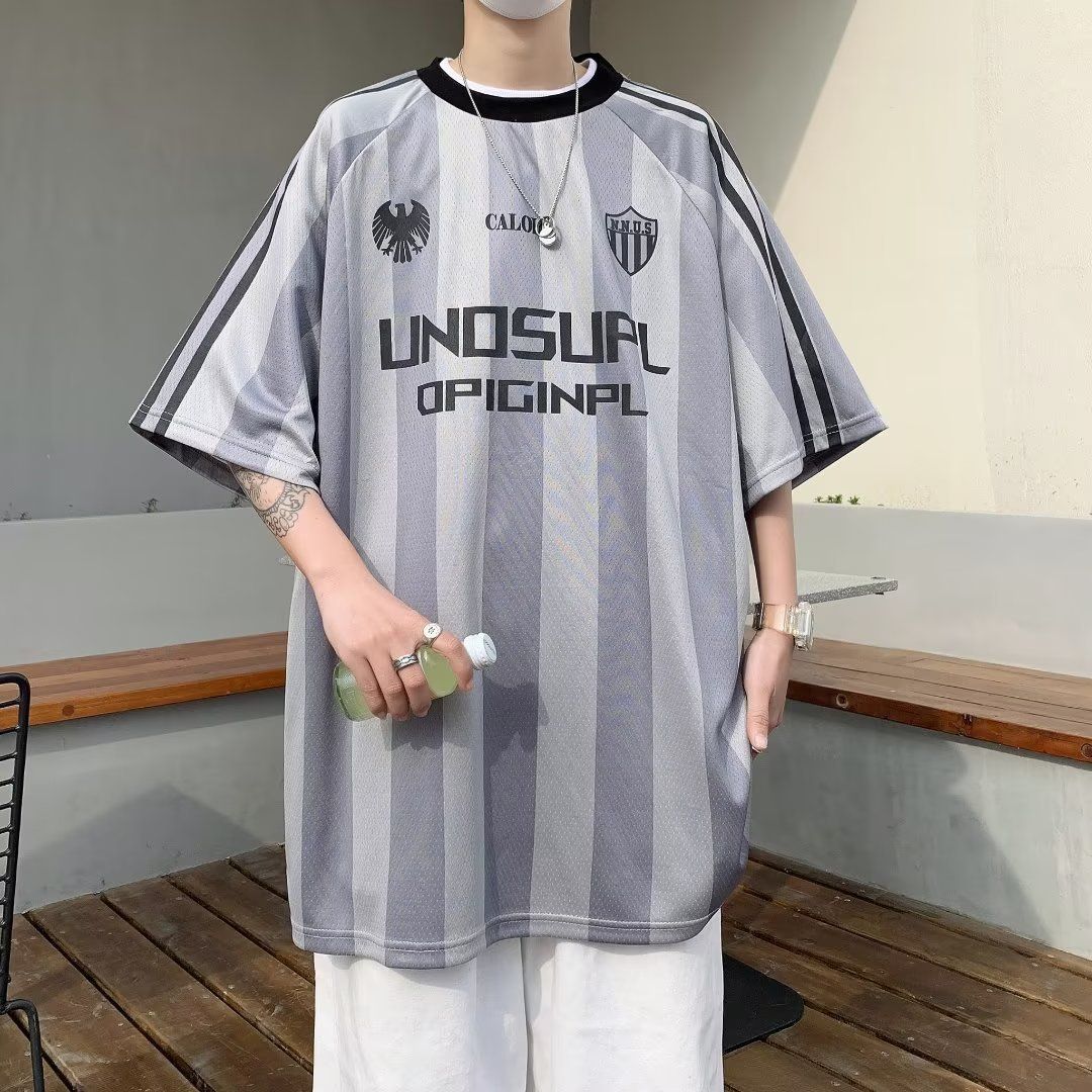 TH Cross-border Men's Wear Men's and Women's Short Sleeve T-shirts, Striped Mesh Jerseys, Loose Quick-Drying Tops Gray S