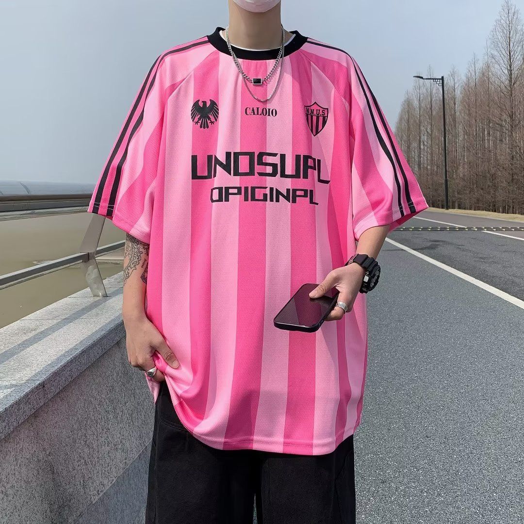 TH Cross-border Men's Wear Men's and Women's Short Sleeve T-shirts, Striped Mesh Jerseys, Loose Quick-Drying Tops Gray S