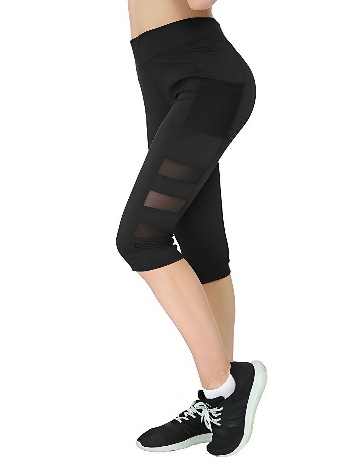 Cropped running gym pants women's side pocket three-segment mesh slim fit yoga trousers Black S