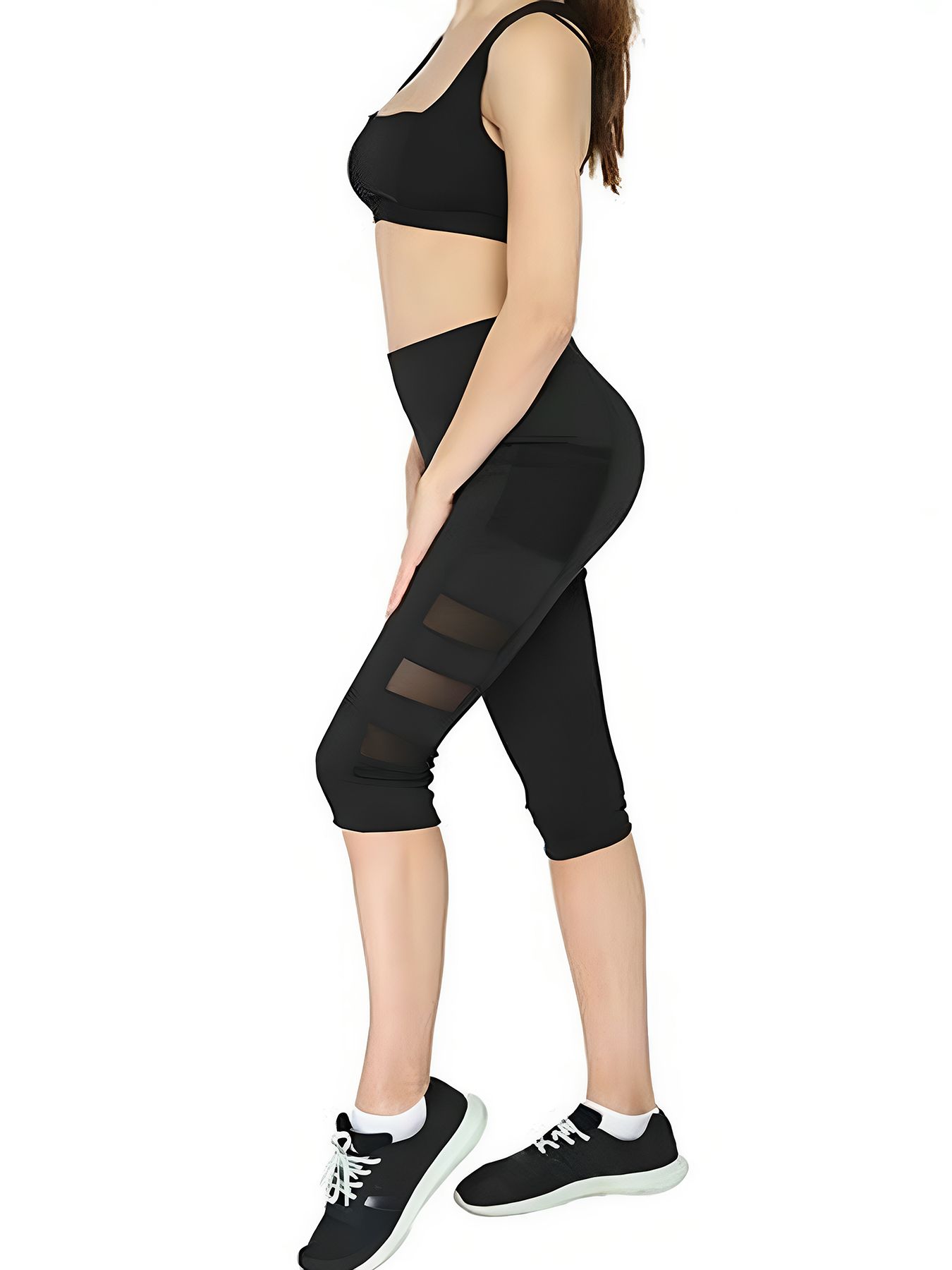 Cropped running gym pants women's side pocket three-segment mesh slim fit yoga trousers Black S