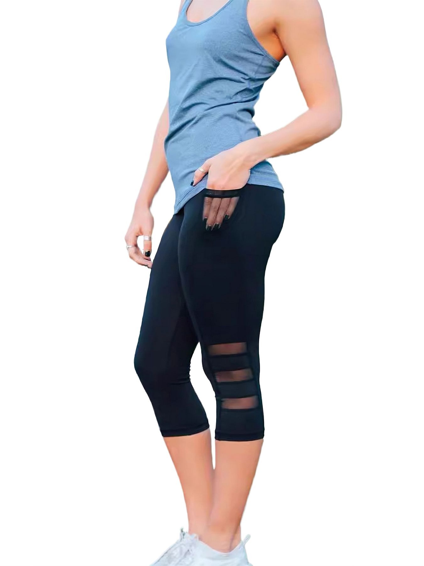 Cropped running gym pants women's side pocket three-segment mesh slim fit yoga trousers Black S
