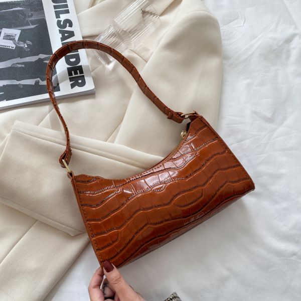 Women's Bags Shopping Bag Retro Casual Lady Underarm Handbag Stone Pattern Shoulder Bag Female Leather Solid Color Chain Bag White one