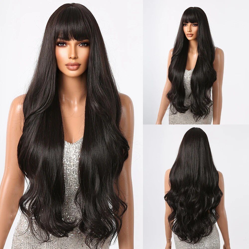 Breathable Long Curly Wigs with Bangs - Ideal for Cancer Patients and Fashion Enthusiasts Black as picture