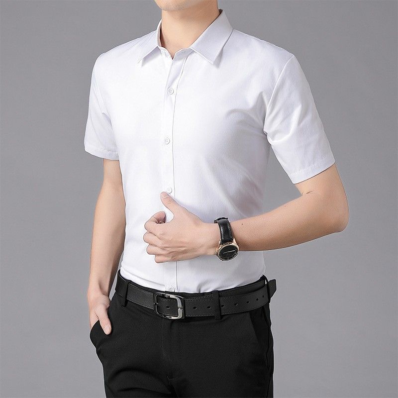 Summer casual short sleeved shirt men's half sleeved solid color business workwear shirt professional formal blue men's clothing inch clothes