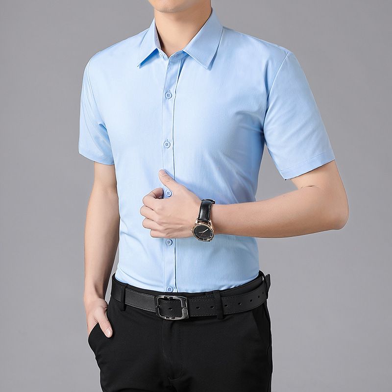 Summer casual short sleeved shirt men's half sleeved solid color business workwear shirt professional formal blue men's clothing inch clothes