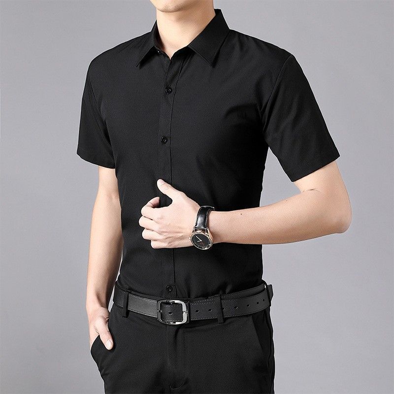 Summer casual short sleeved shirt men's half sleeved solid color business workwear shirt professional formal blue men's clothing inch clothes