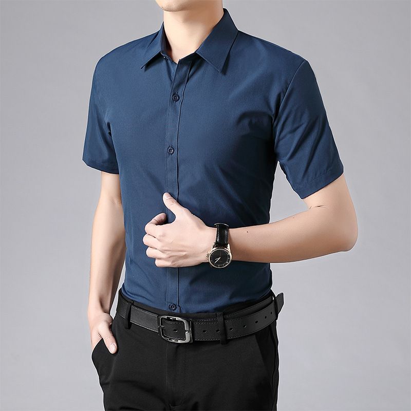 Summer casual short sleeved shirt men's half sleeved solid color business workwear shirt professional formal blue men's clothing inch clothes