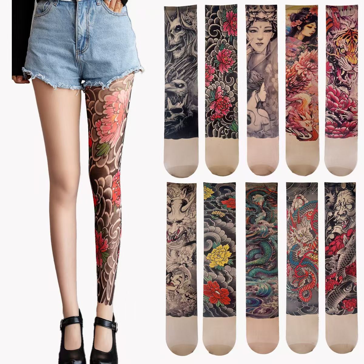 2*Sets 360 ° digital printed leg tattoo single tube stockings trendy summer thin cut anti hook stockings
