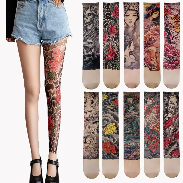 2*Sets 360 ° digital printed leg tattoo single tube stockings trendy summer thin cut anti hook stockings