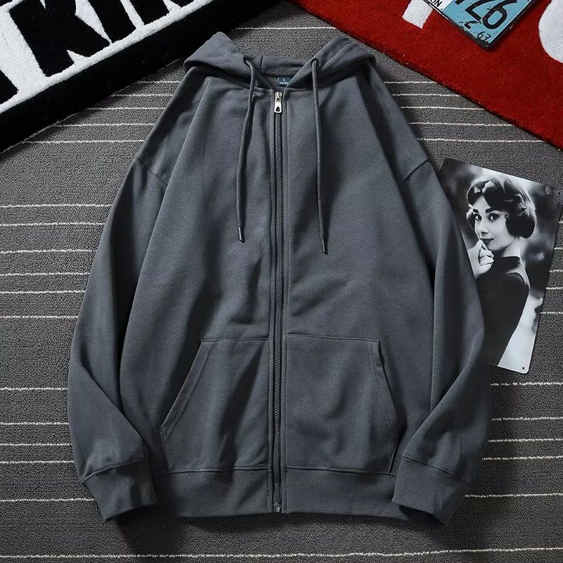 2022 hoodie men's autumn new item blue plus zipper casual loose cardigan hooded solid color versatile coat couple