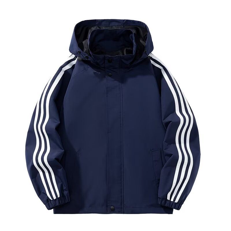 Autumn and winter men's jacket, teenage plus loose three bar sports outdoor hooded top, windproof and waterproof jacket