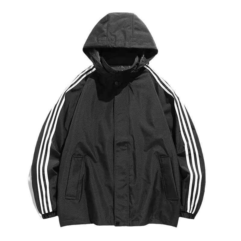Autumn and winter men's jacket, teenage plus loose three bar sports outdoor hooded top, windproof and waterproof jacket