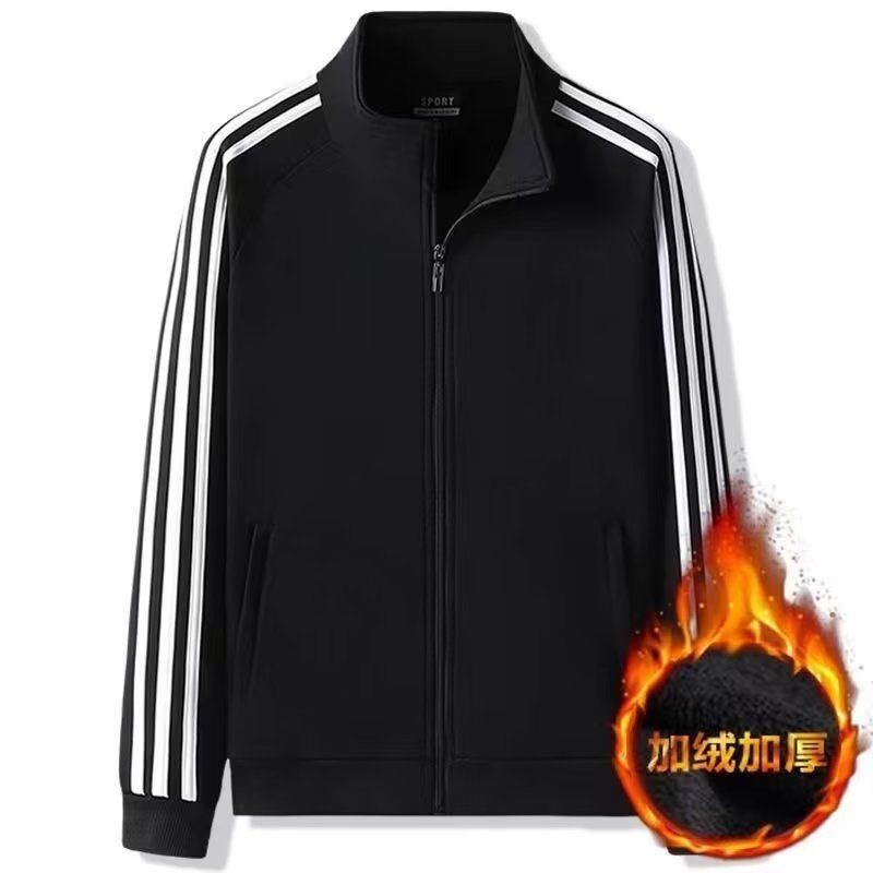 Spring and Autumn Solid Color Cardigan Coat Men's Three Bar Long Sleeve Sportswear Loose Top Large Size Winter Plush Thickened