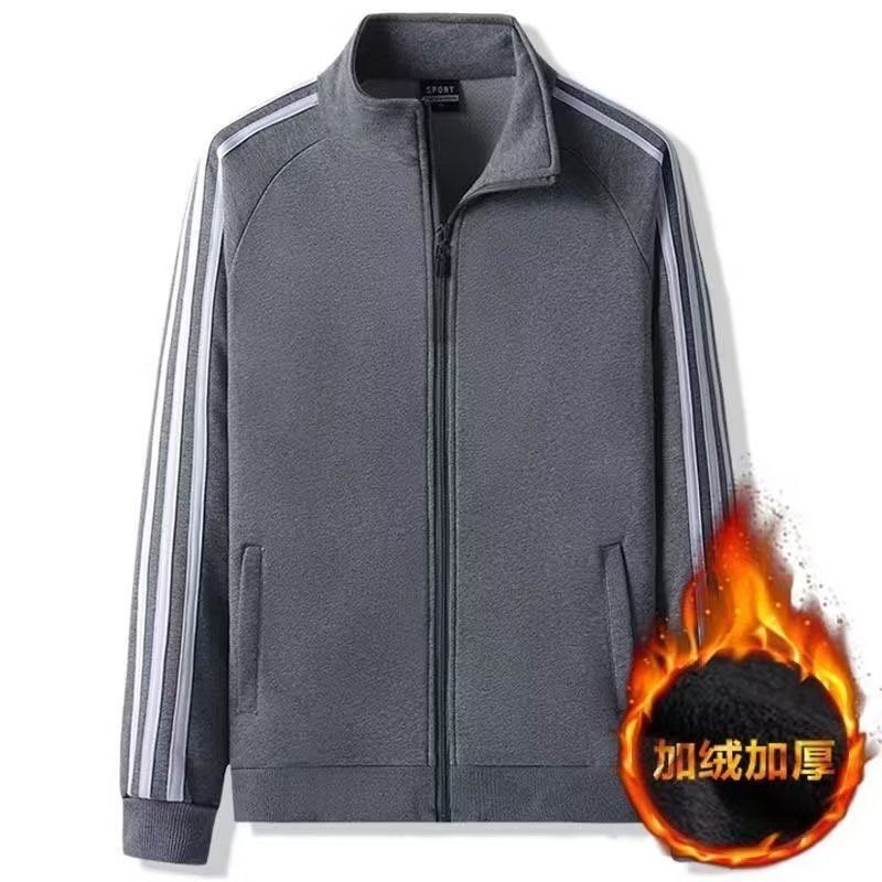 Spring and Autumn Solid Color Cardigan Coat Men's Three Bar Long Sleeve Sportswear Loose Top Large Size Winter Plush Thickened