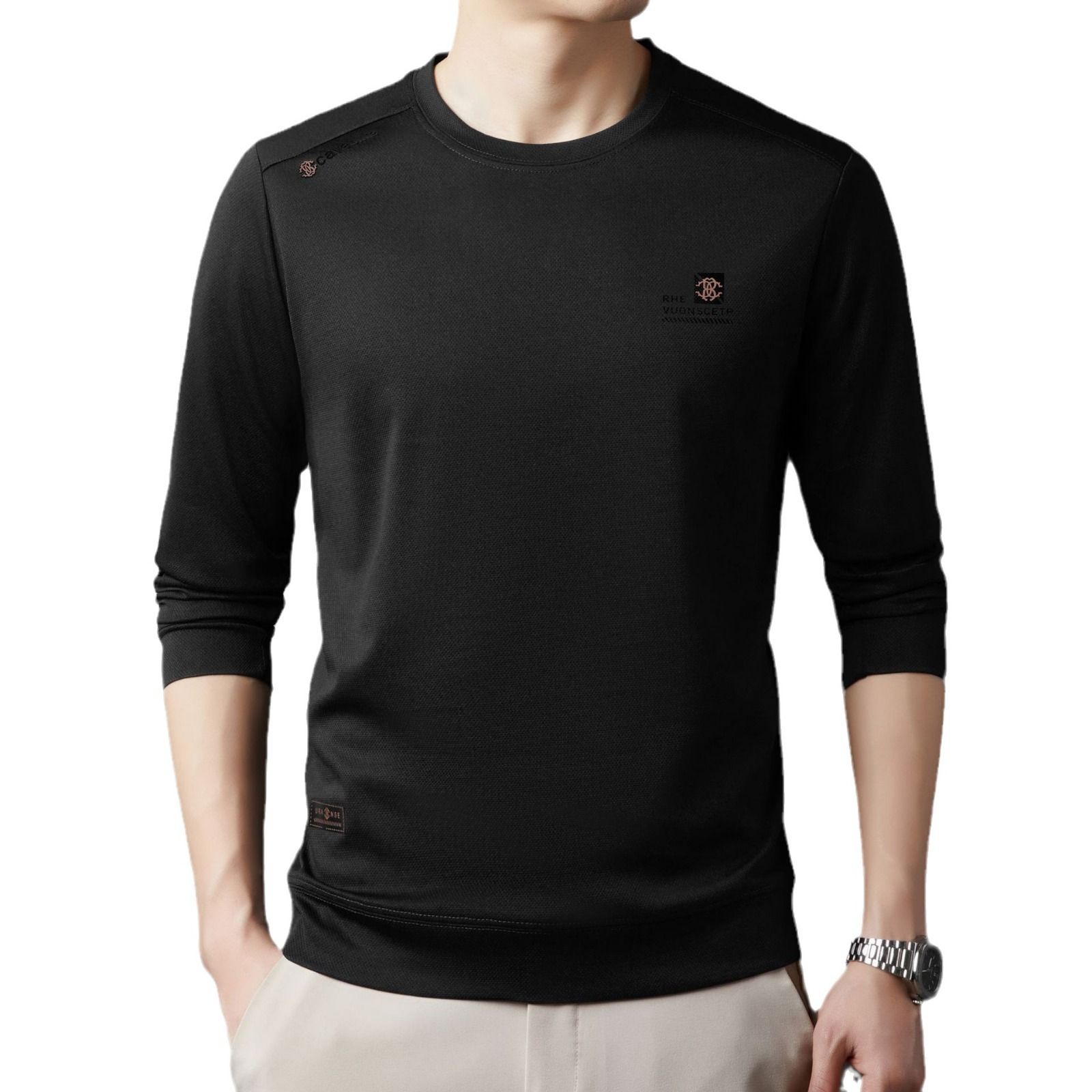 2025 Autumn New Solid Color Men's Hoodie Middle aged Round Neck Casual Printed Comfortable Base Long Sleeve T-shirt for Men