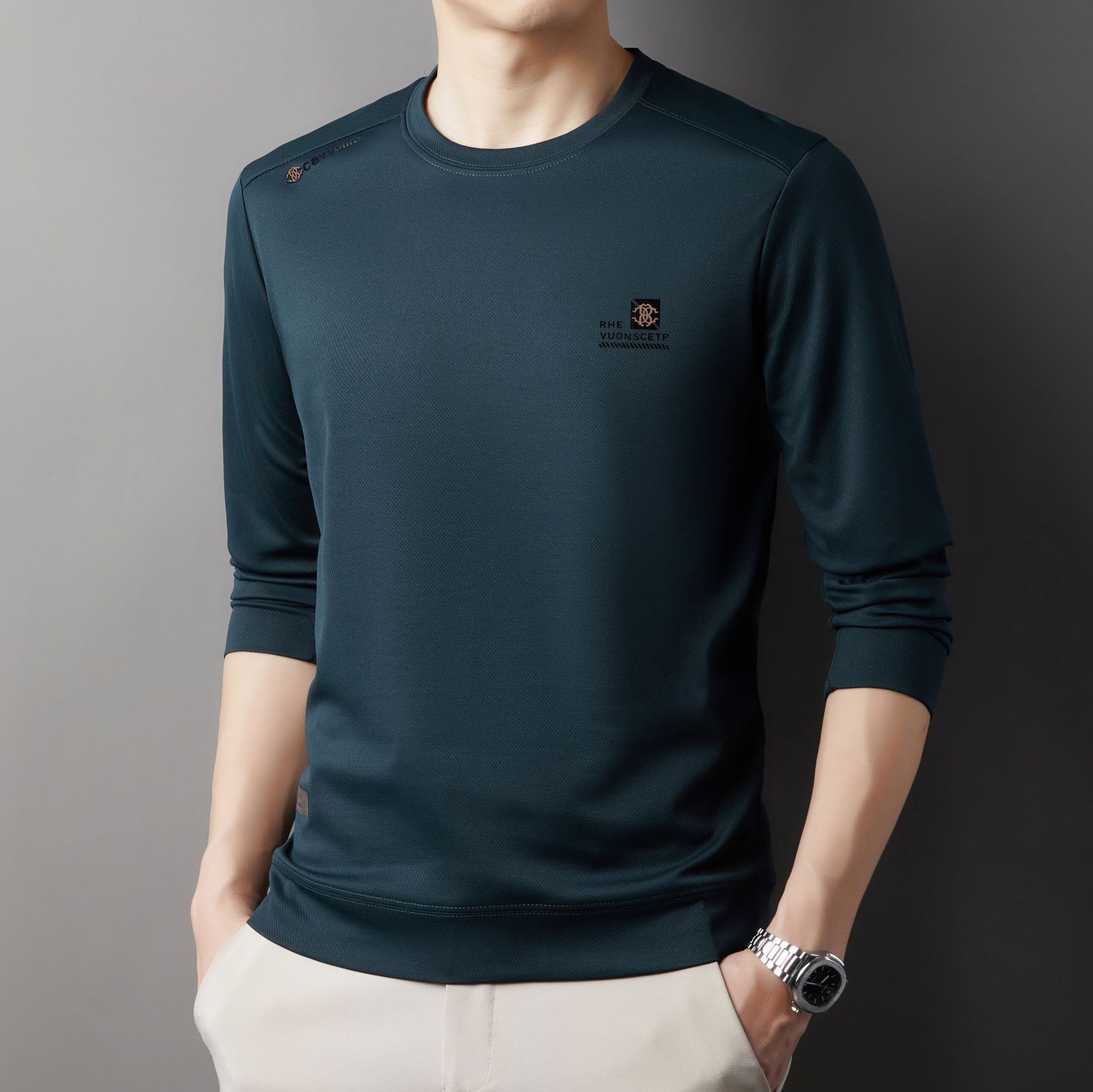 2025 Autumn New Solid Color Men's Hoodie Middle aged Round Neck Casual Printed Comfortable Base Long Sleeve T-shirt for Men