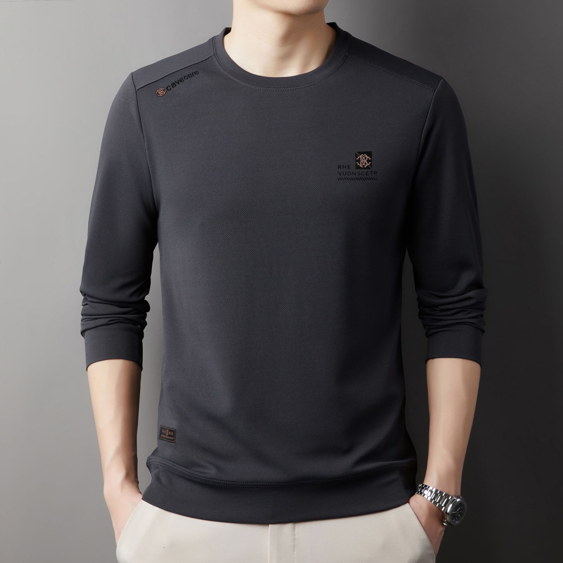 2025 Autumn New Solid Color Men's Hoodie Middle aged Round Neck Casual Printed Comfortable Base Long Sleeve T-shirt for Men