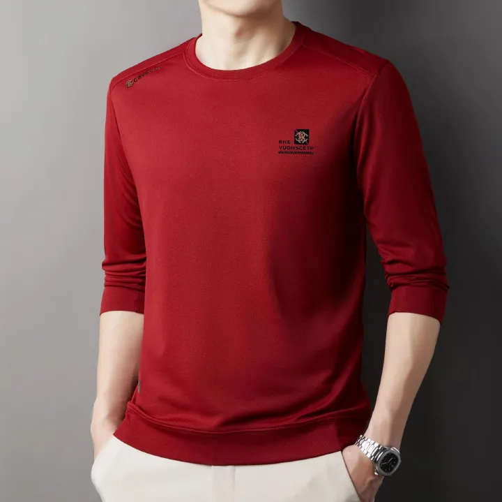 2025 Autumn New Solid Color Men's Hoodie Middle aged Round Neck Casual Printed Comfortable Base Long Sleeve T-shirt for Men