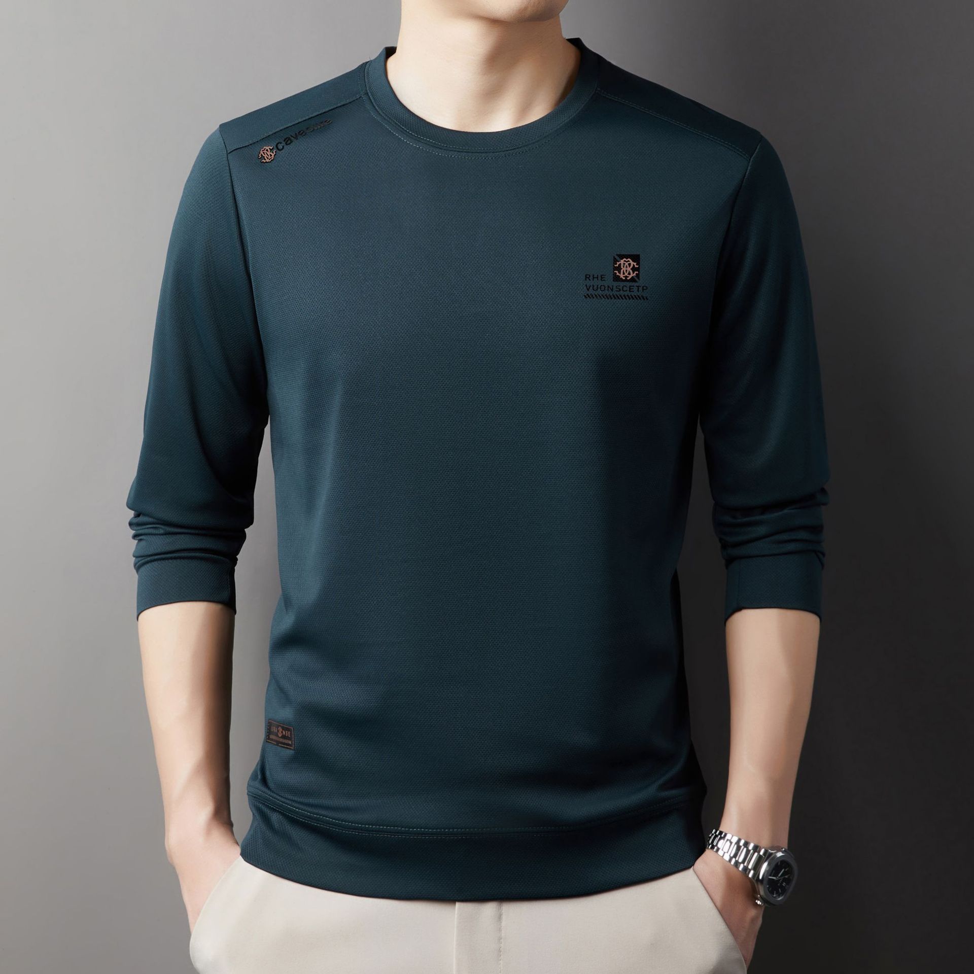 2025 Autumn New Solid Color Men's Hoodie Middle aged Round Neck Casual Printed Comfortable Base Long Sleeve T-shirt for Men