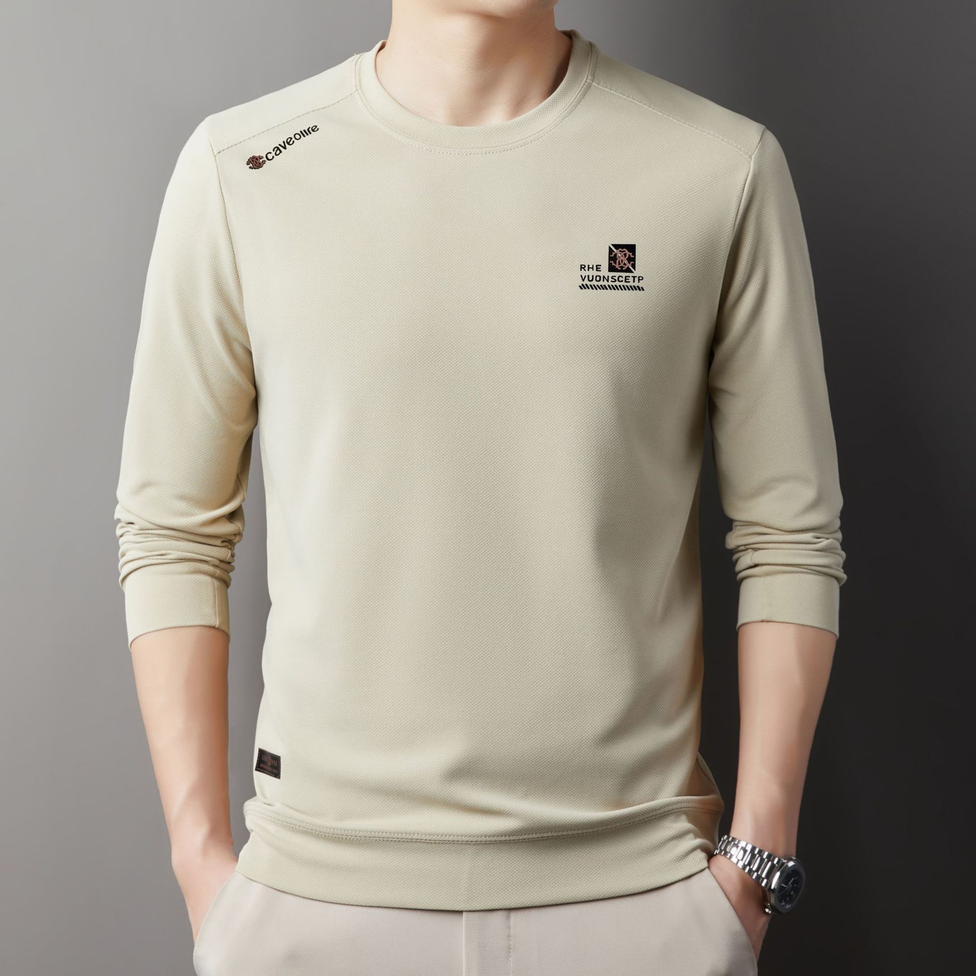 2025 Autumn New Solid Color Men's Hoodie Middle aged Round Neck Casual Printed Comfortable Base Long Sleeve T-shirt for Men