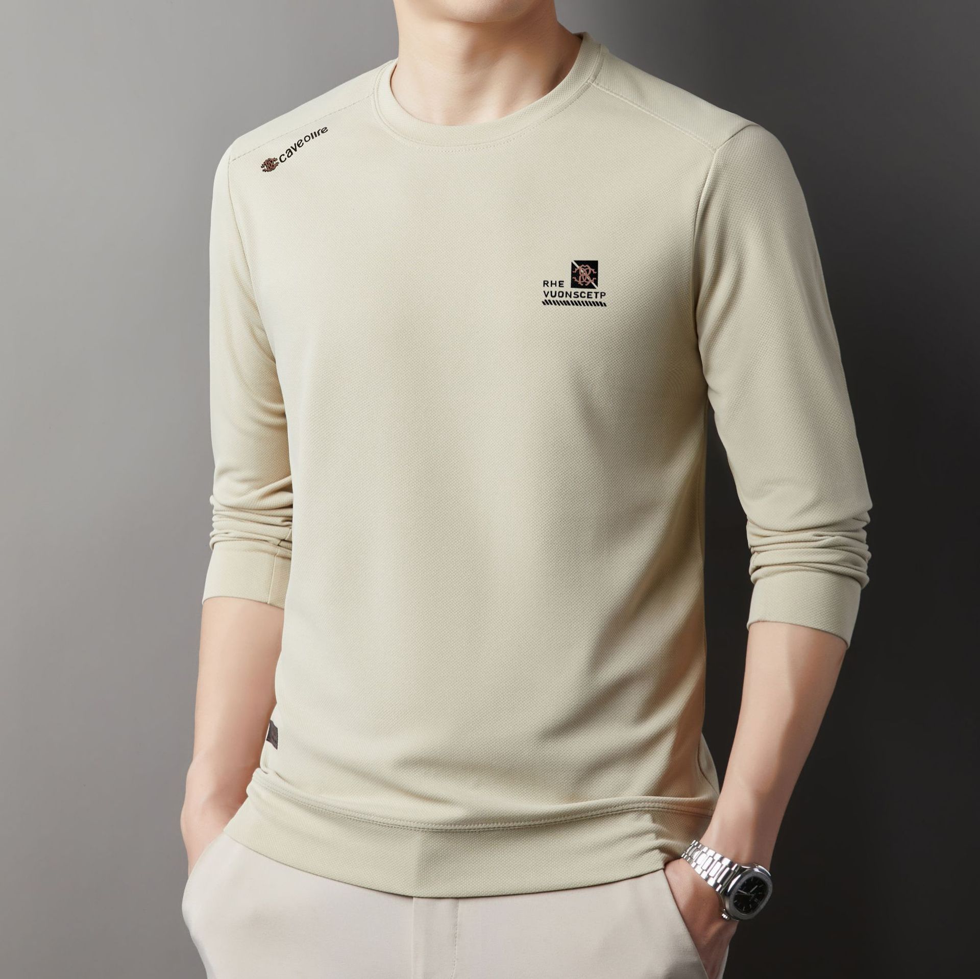 2025 Autumn New Solid Color Men's Hoodie Middle aged Round Neck Casual Printed Comfortable Base Long Sleeve T-shirt for Men