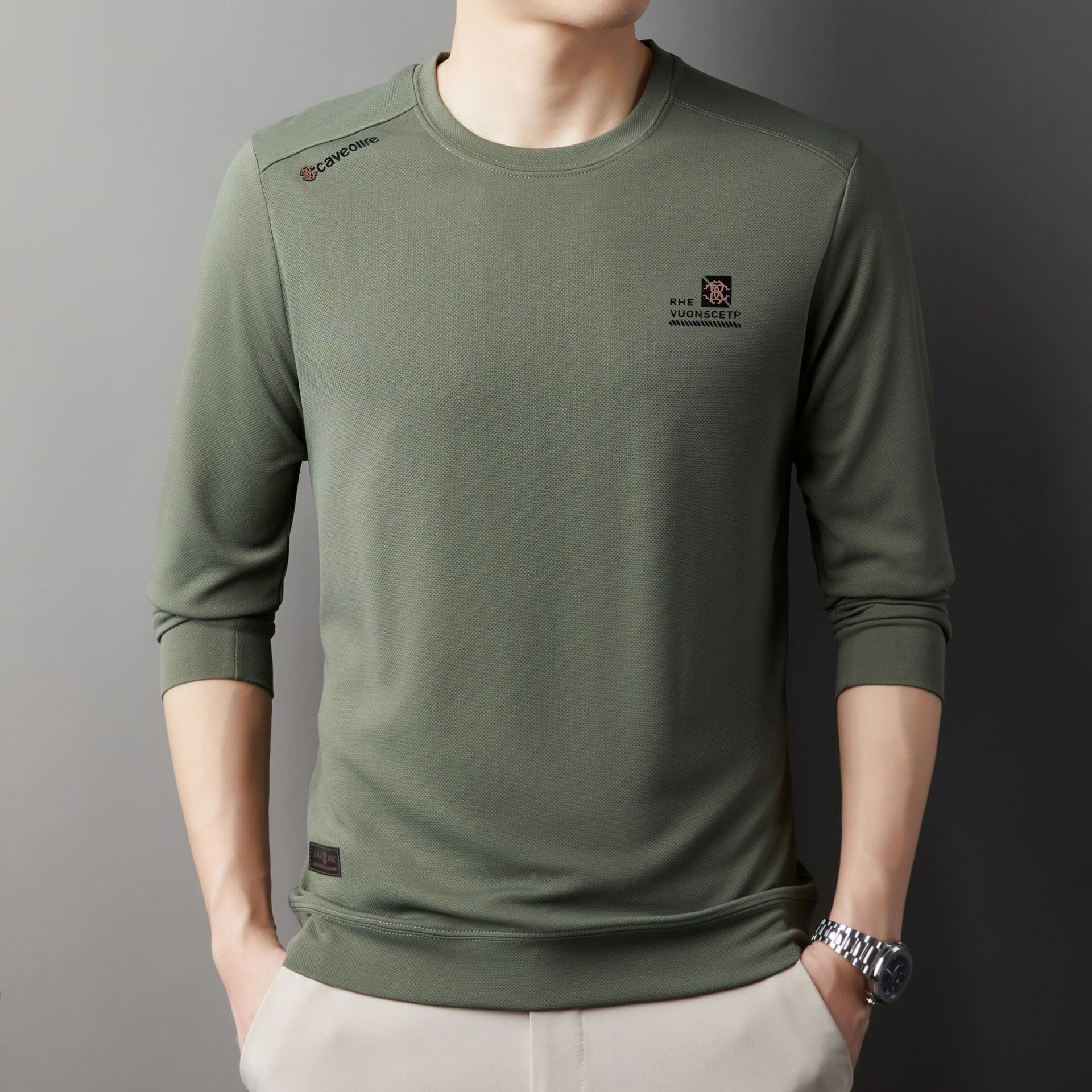 2025 Autumn New Solid Color Men's Hoodie Middle aged Round Neck Casual Printed Comfortable Base Long Sleeve T-shirt for Men