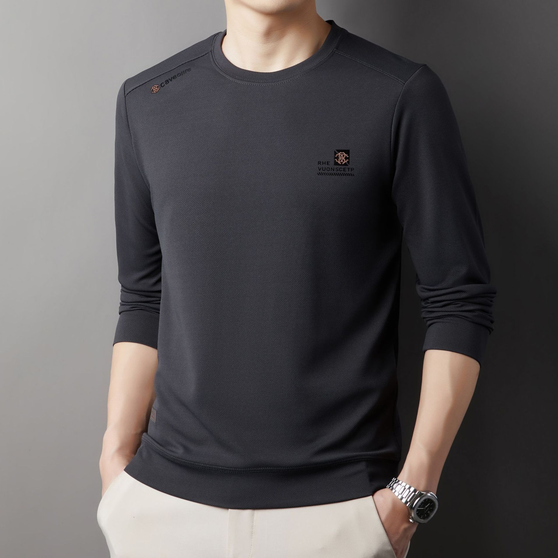 2025 Autumn New Solid Color Men's Hoodie Middle aged Round Neck Casual Printed Comfortable Base Long Sleeve T-shirt for Men