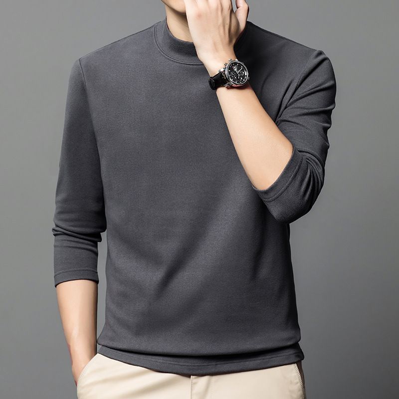 Autumn German velvet semi high neck middle-aged men's hoodie Korean version warm elastic round neck pullover base shirt for men