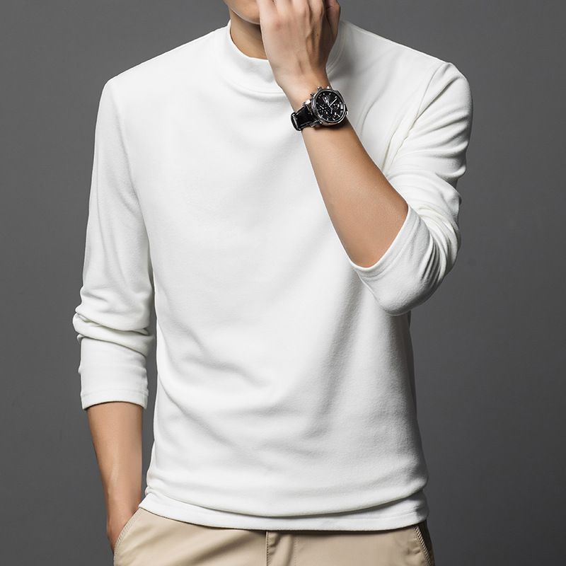 Autumn German velvet semi high neck middle-aged men's hoodie Korean version warm elastic round neck pullover base shirt for men