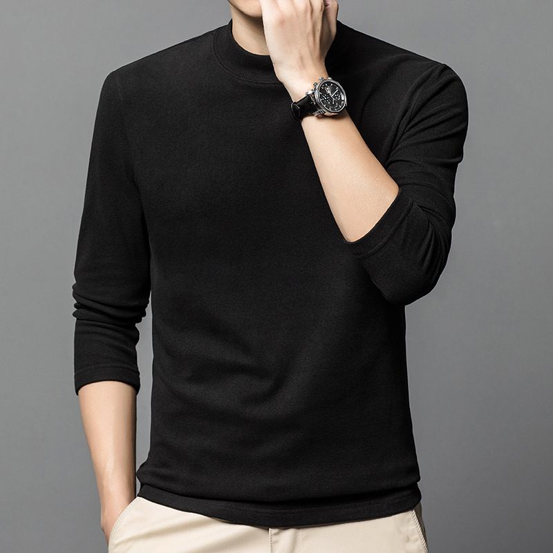 Autumn German velvet semi high neck middle-aged men's hoodie Korean version warm elastic round neck pullover base shirt for men