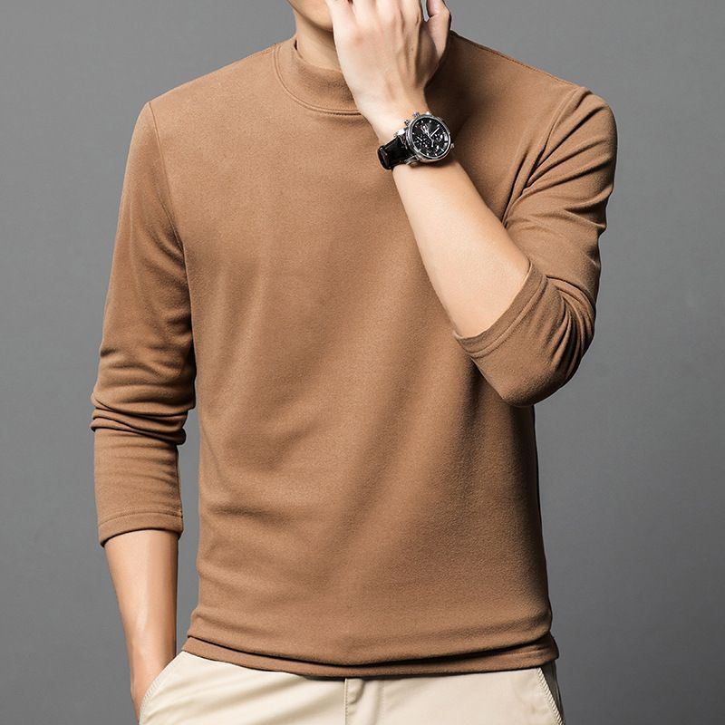 Autumn German velvet semi high neck middle-aged men's hoodie Korean version warm elastic round neck pullover base shirt for men