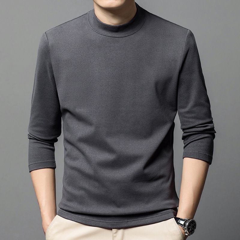 Autumn German velvet semi high neck middle-aged men's hoodie Korean version warm elastic round neck pullover base shirt for men