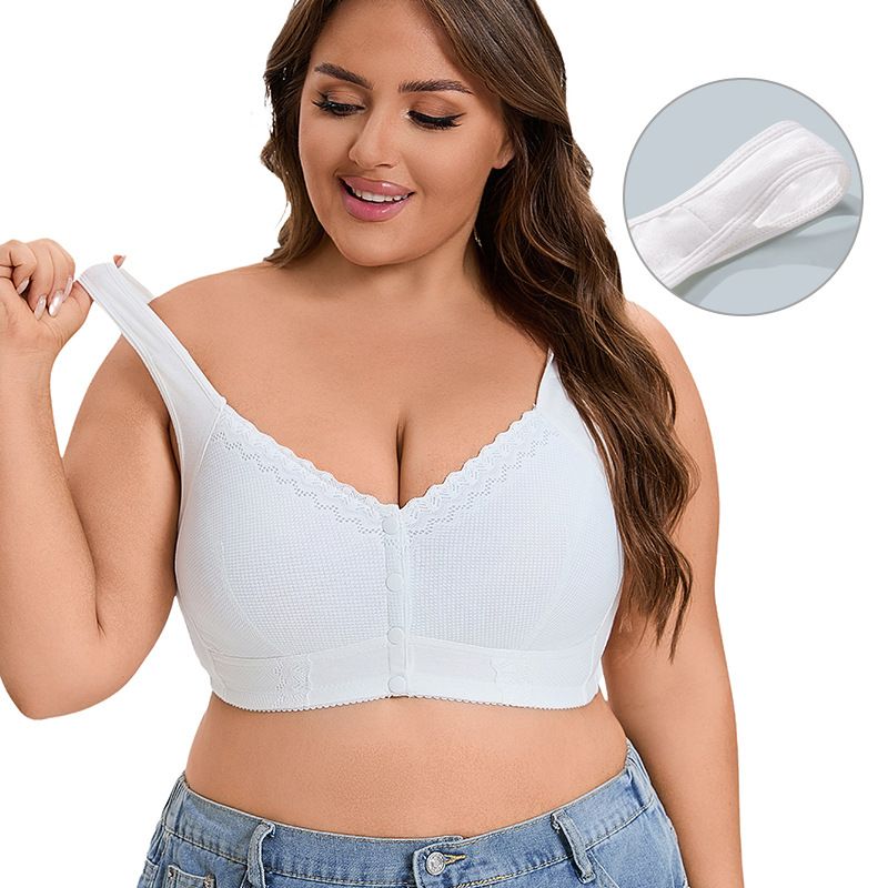 3pcs Plus size soft cotton thin cup front button  underwear for women, lace without steel ring vest style text bra
