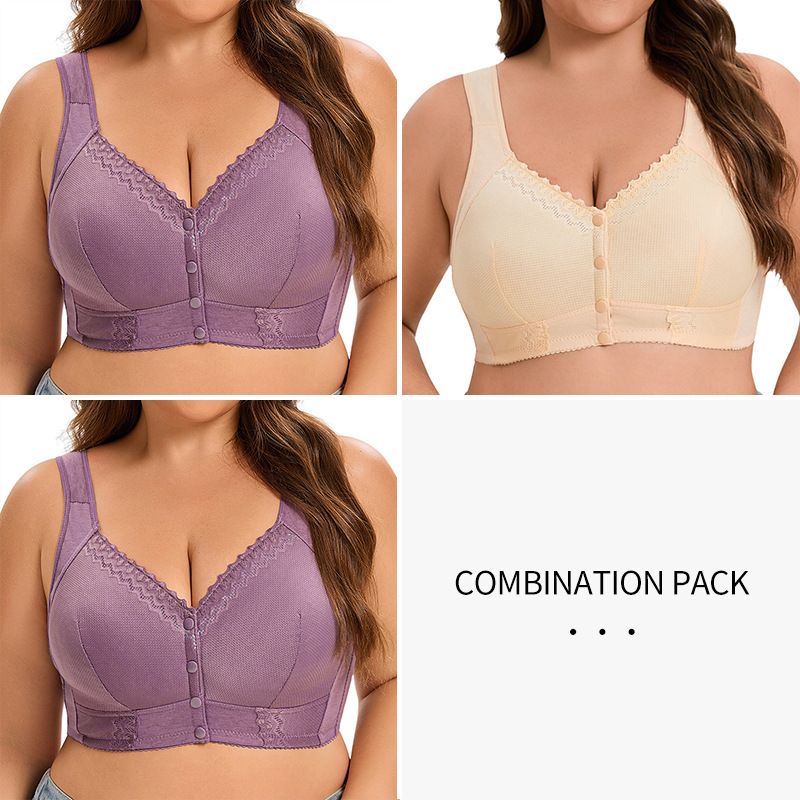3pcs Plus size soft cotton thin cup front button  underwear for women, lace without steel ring vest style text bra