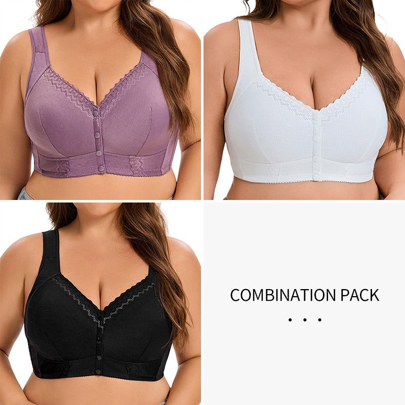 3pcs Plus size soft cotton thin cup front button  underwear for women, lace without steel ring vest style text bra