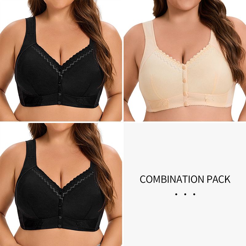 3pcs Plus size soft cotton thin cup front button  underwear for women, lace without steel ring vest style text bra