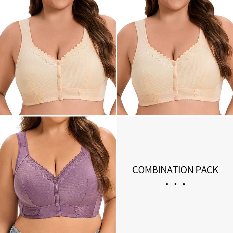 3pcs Plus size soft cotton thin cup front button  underwear for women, lace without steel ring vest style text bra