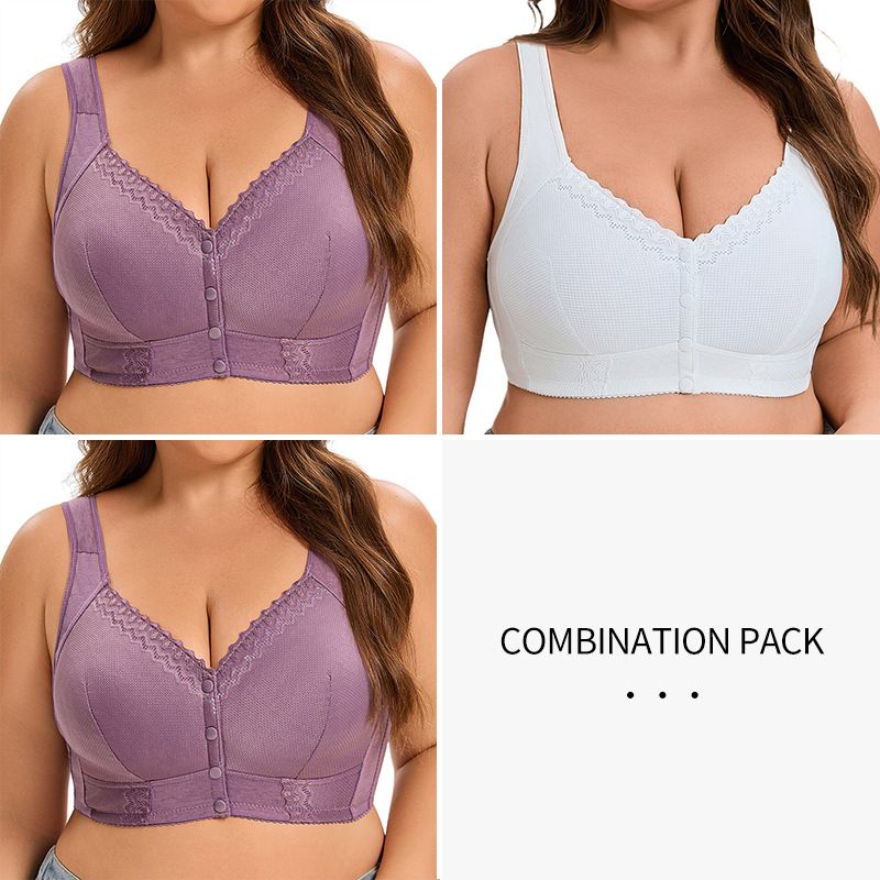 3pcs Plus size soft cotton thin cup front button  underwear for women, lace without steel ring vest style text bra