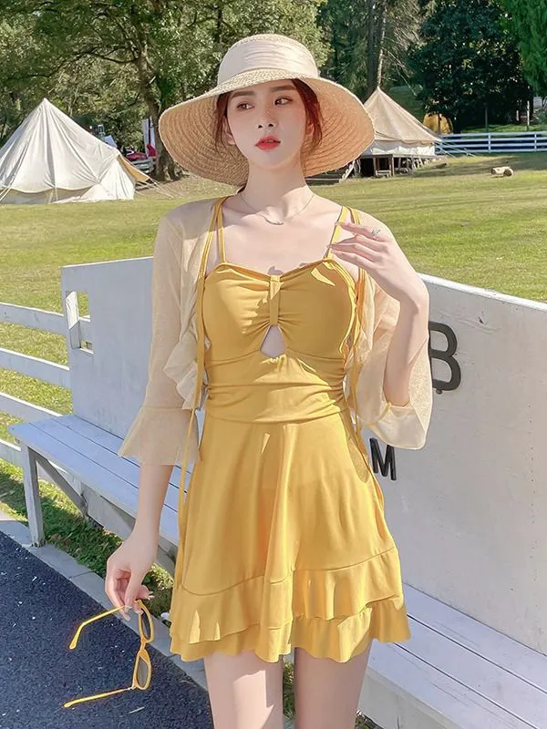 2Pcs Set 2025 new ins style swimsuit women's two-piece one-piece skirt style slimming and belly covering conservative hot spring swimming suit