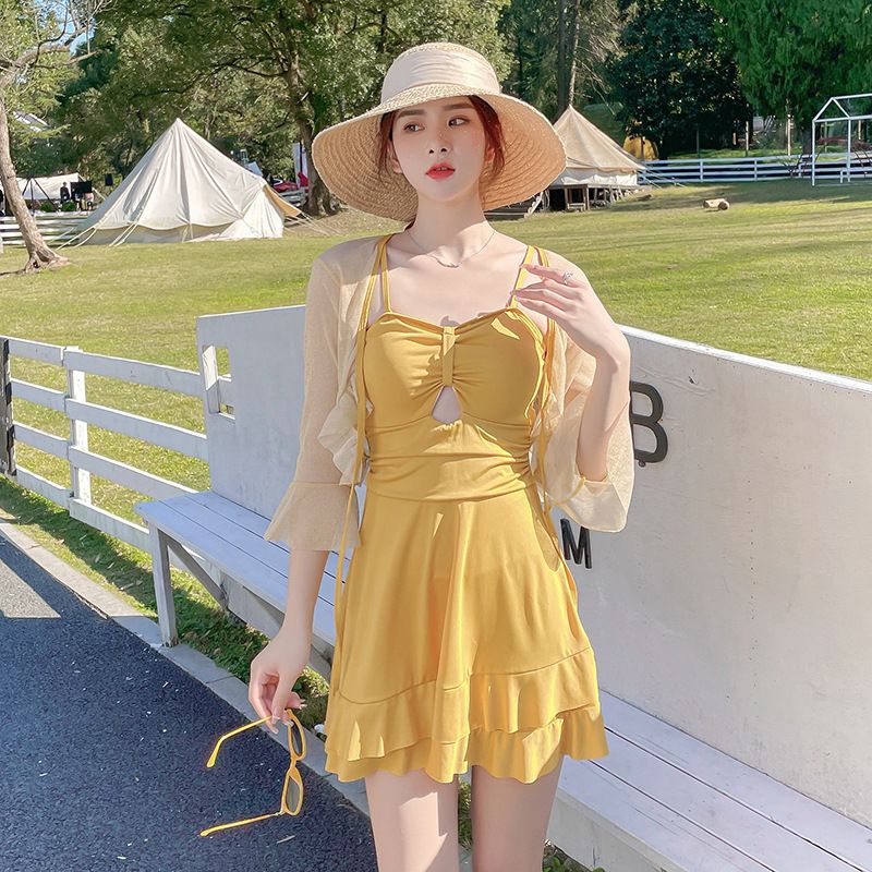 2Pcs Set 2025 new ins style swimsuit women's two-piece one-piece skirt style slimming and belly covering conservative hot spring swimming suit