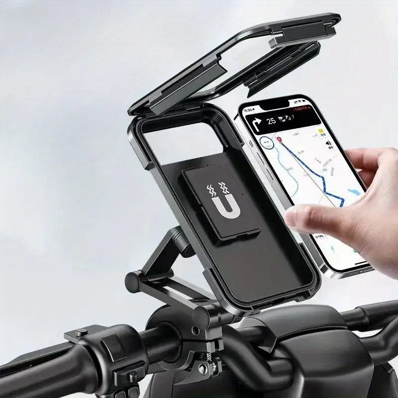Waterproof Motorcycle Phone Holder, ABS Material, Magnetic Absorption, Telescopic Design, Rainproof Bicycle & Electric Bike Mount for Navigation