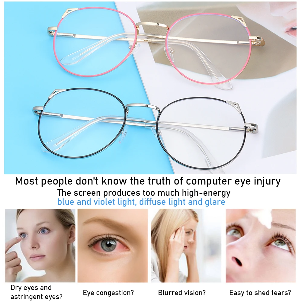 1Pc Trendy Office Anti Blue Light Glasses for Women Cute Cat Ears Eyewear Blue Rays Blocking Eyewear Classic Metal Frame Eyeglasses