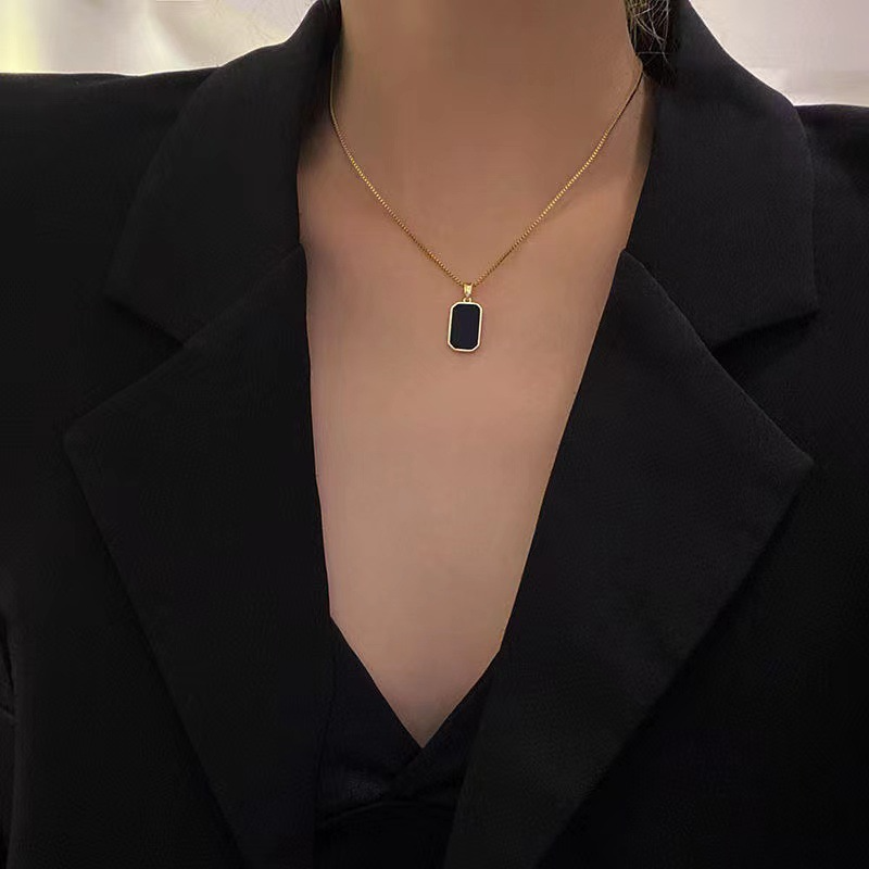 Stainless Steel Minimalist Rectangular Pendant Korean Black Epoxy Women's Gold Necklace Exquisite Long Jewelry Gift
