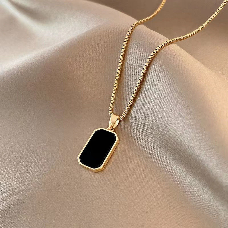 Stainless Steel Minimalist Rectangular Pendant Korean Black Epoxy Women's Gold Necklace Exquisite Long Jewelry Gift