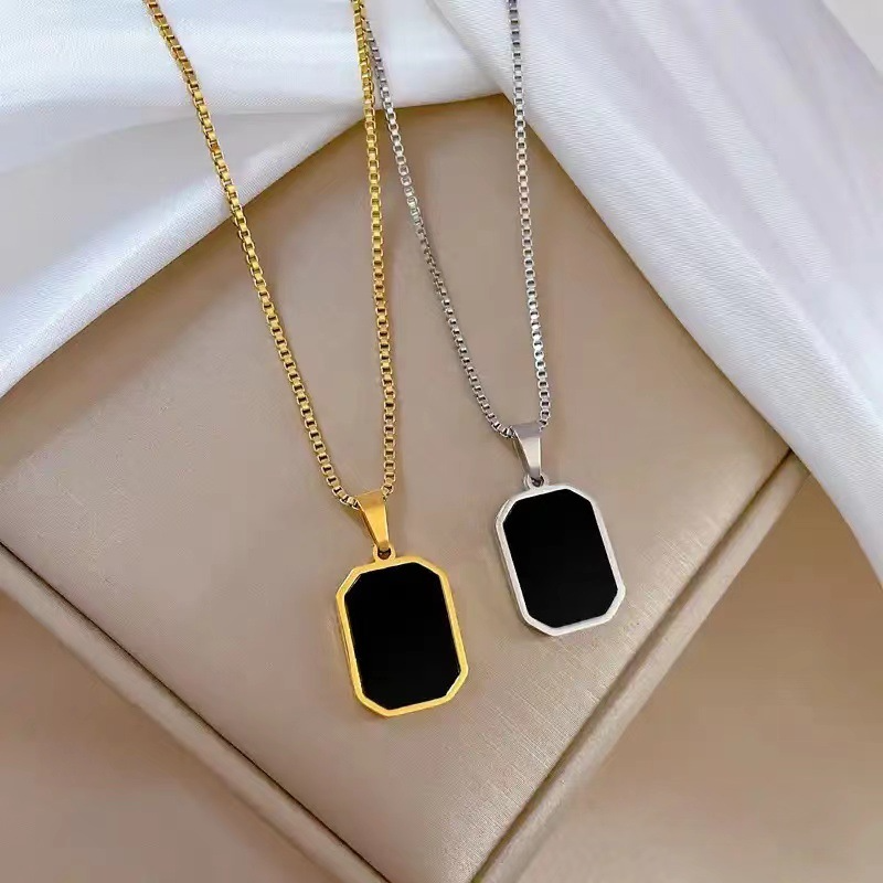 Stainless Steel Minimalist Rectangular Pendant Korean Black Epoxy Women's Gold Necklace Exquisite Long Jewelry Gift