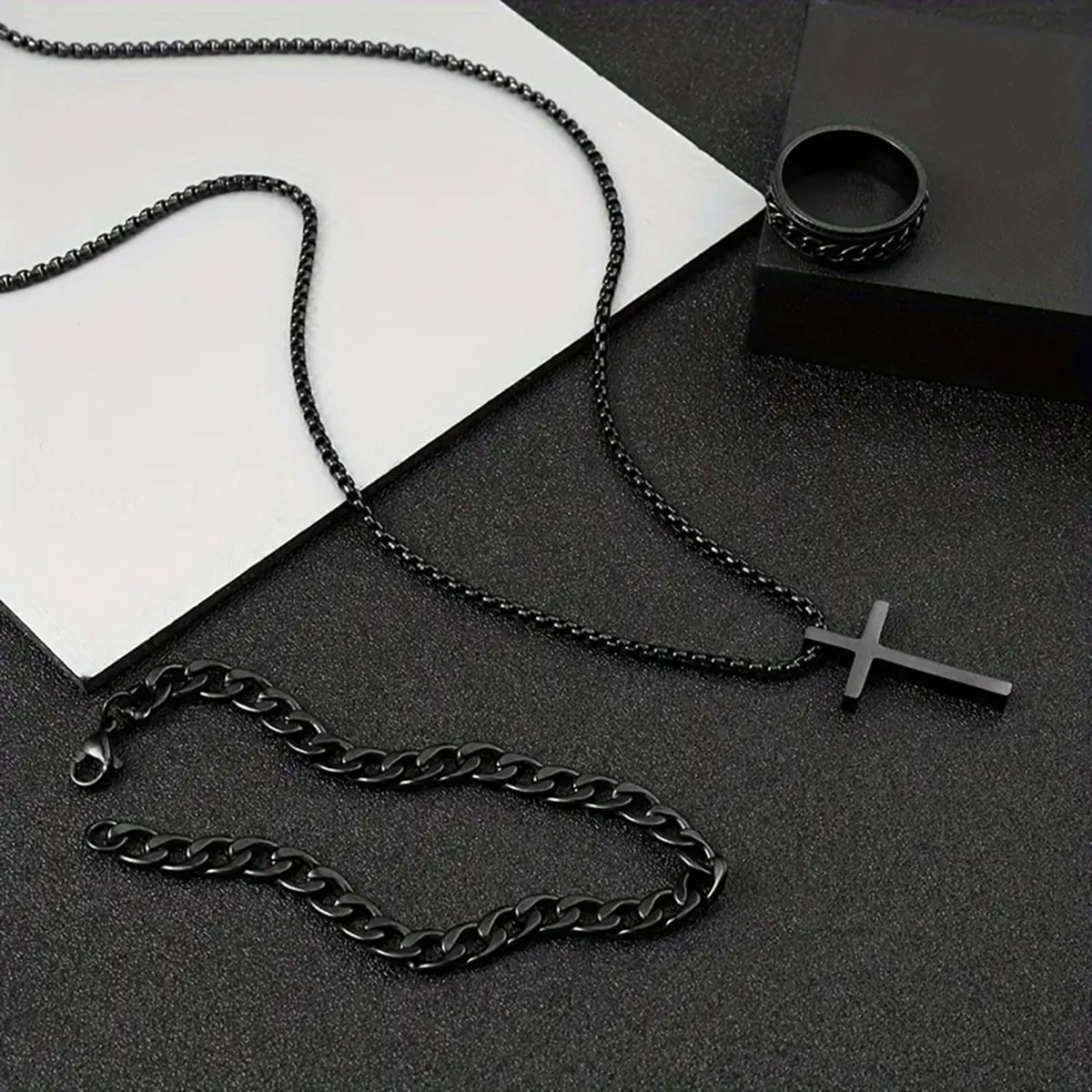 3Pcs Necklace Bracelet Chain Ring Set Punk Cross Pendant Necklace Bracelet Chain Ring Men's Set Simple Personality Hip Hop Party Three Piece Jewelry Accessories