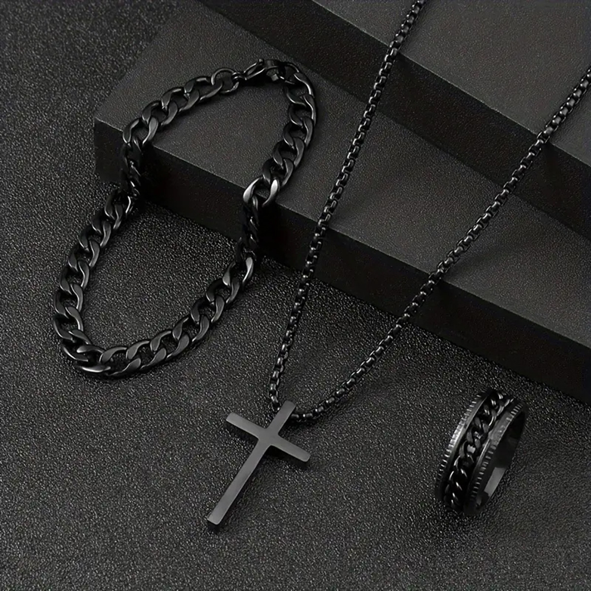 3Pcs Necklace Bracelet Chain Ring Set Punk Cross Pendant Necklace Bracelet Chain Ring Men's Set Simple Personality Hip Hop Party Three Piece Jewelry Accessories