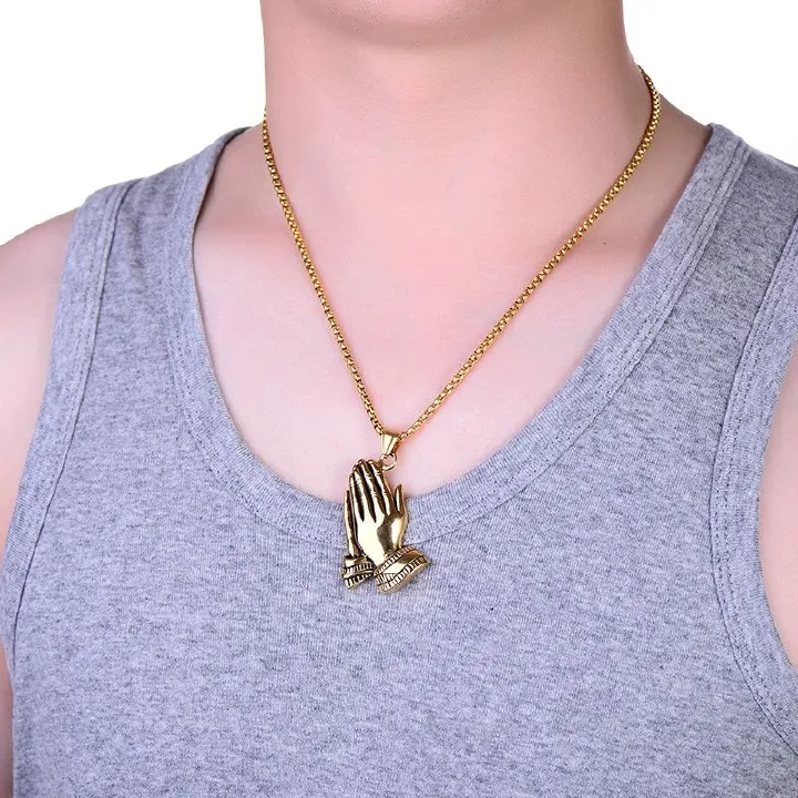Gold Silver Color The Praying Hands Pendants & Necklaces Brother Gift Stainless Steel Hip Hop Men Jewelry Punk Chain Necklaces