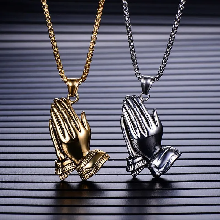 Gold Silver Color The Praying Hands Pendants & Necklaces Brother Gift Stainless Steel Hip Hop Men Jewelry Punk Chain Necklaces