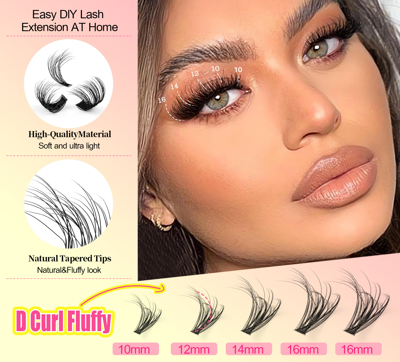 Fluffy Lash Clusters Thick Mixed Tray 100D Volume Eyelash Clusters 10-16mm Wispy Individual Lashes D Curl Cluster Eyelash Extensions DIY Lash Extensions for Beginners